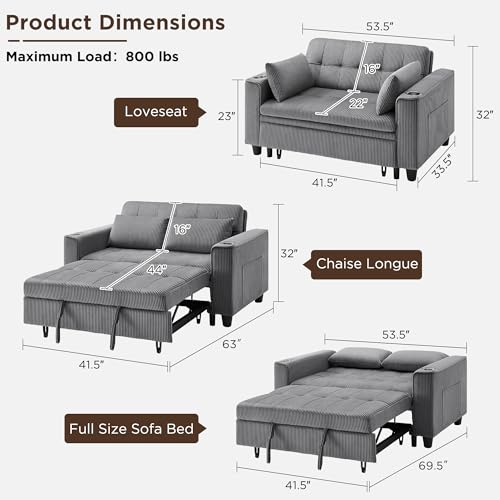 OKD 3 in 1 Convertible Sleeper Sofa Bed, Corduroy Pull Out Futon Couch with Charging Station, Light Grey Y57647