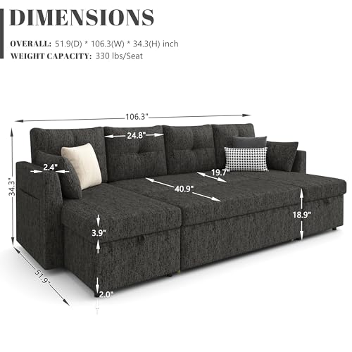 Oversized Sleeper Sofa Couch with Double Storage Chaise, Dark Grey U1381