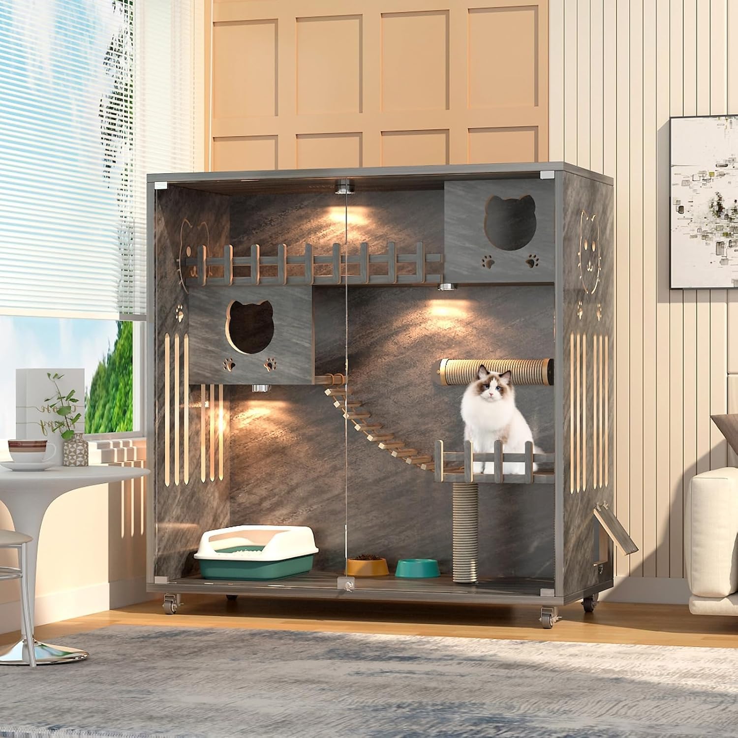 Large Cat Cage Indoor Catio with Scratching Post and Glass Doors J4751