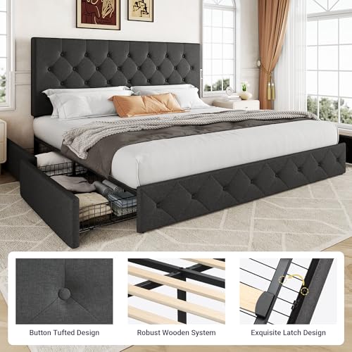 Allewie Upholstered Queen Platform Bed Frame with 4 Drawers and Headboard, Light Grey A922