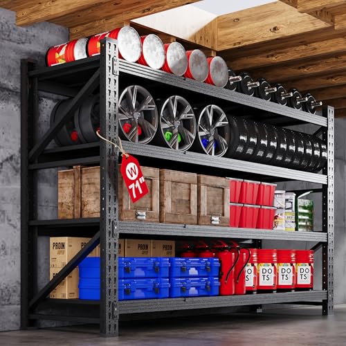 71” W Storage Shelves Heavy Duty, 5000LBS Metal Garage Shelving Units, 4 Tier Storage rack shelf, Steel Industrial Shelving , Adjustable Standing Shelf for Basement/Warehouse 71"W x 24"D x 70"H, Black