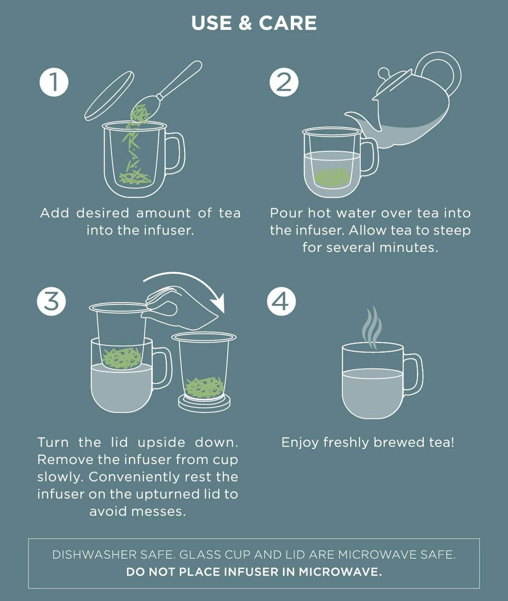 Teabloom Personal Tea Maker - Insulated Glass Cup with Loose Tea Infuser and Lid T4410