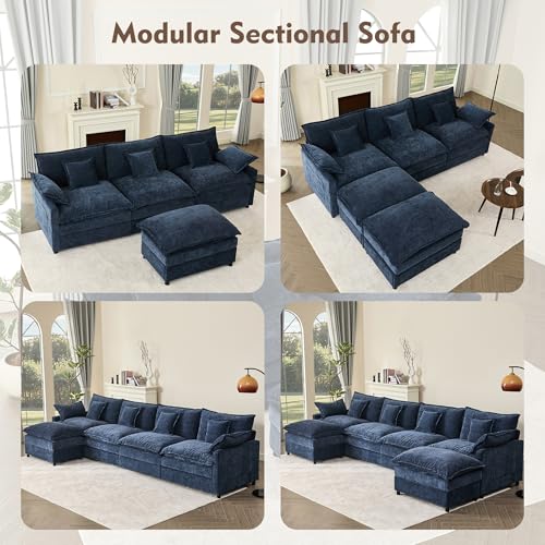 U Shaped Modular Sectional Sofa with Ottoman, Chenille, Black P2121