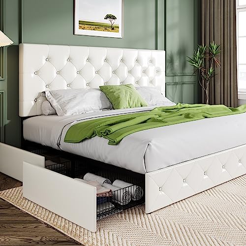 Allewie Upholstered Queen Platform Bed Frame with 4 Drawers and Headboard, Light Grey A922