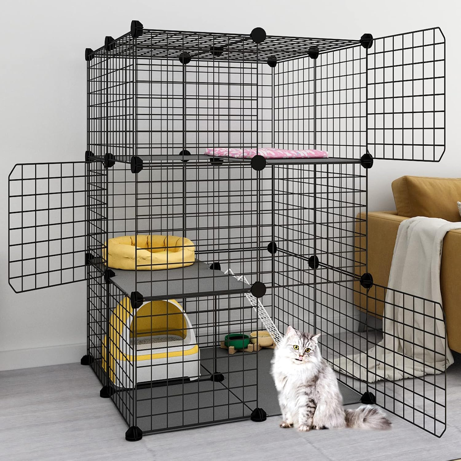 3-Tier Cat Cage Indoor Enclosure DIY Catio Detachable Metal Wire Kennel Black S82365
