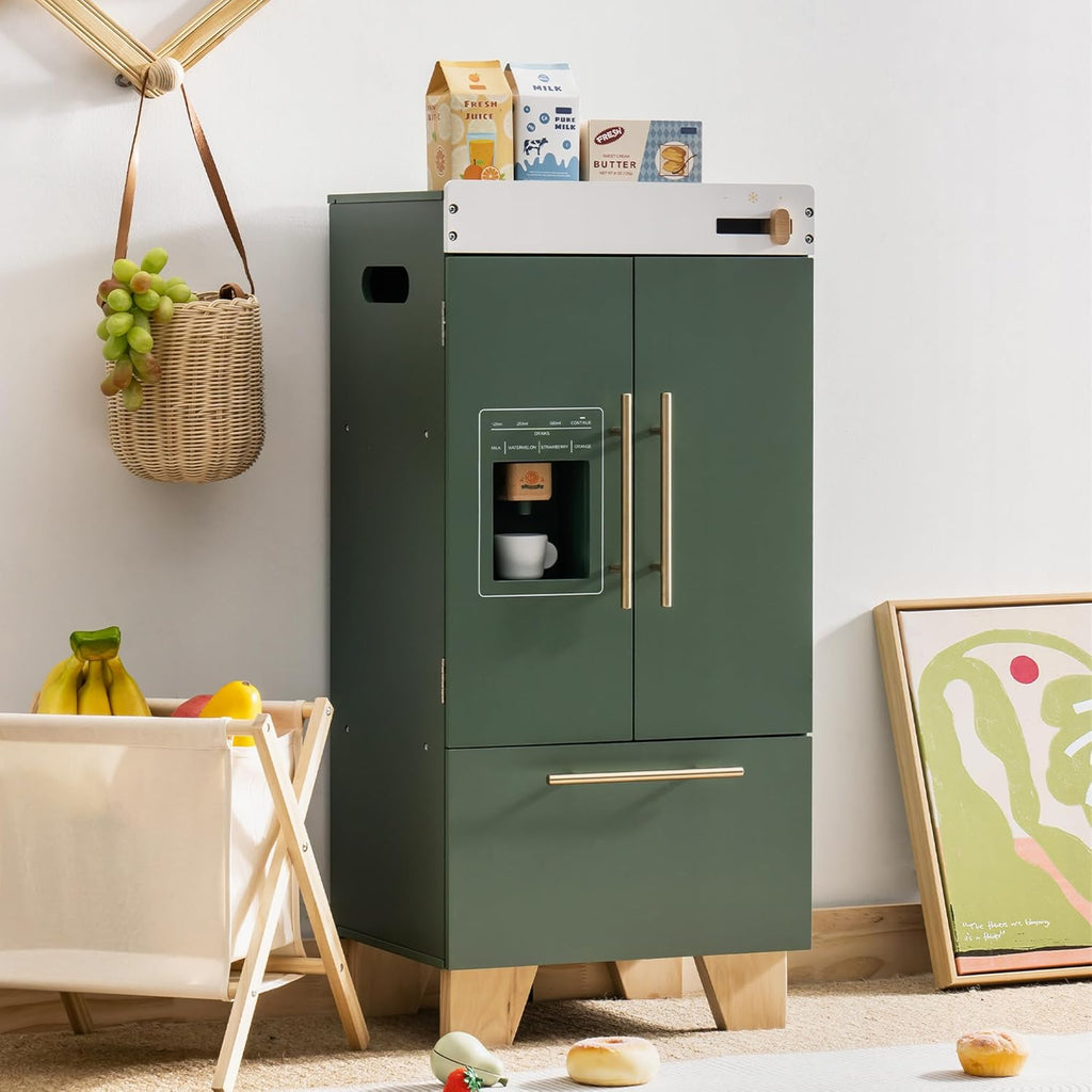 ROBOTIME Wooden Toy Fridge - Play Kitchen Set with Accessories, Vintage Green H96865