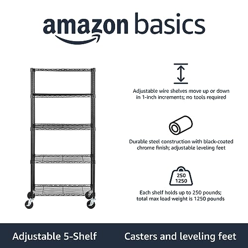 Amazon Basics 5-Shelf Heavy Duty Storage Shelving Unit on Casters, Black A813013
