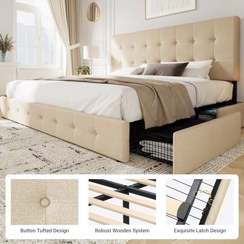 Allewie Upholstered Queen Platform Bed Frame with 4 Drawers and Headboard, Light Grey A922