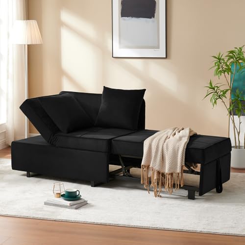 Sofa Bed 4-in-1 Convertible Pull Out Couch, Velvet Love seat Couch Sleeper Chair Bed with 2 Throw Pillow, Single Recliner with 5 Adjustable Backrests for Living Room Apartment Small Space, Dark Grey