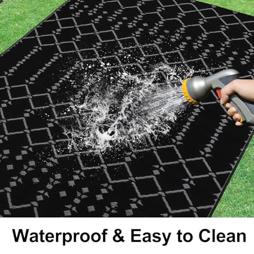 Smiry Waterproof Outdoor Rug 5x8 ft, Reversible Plastic Straw Patio Mat, Black & Beige P20186