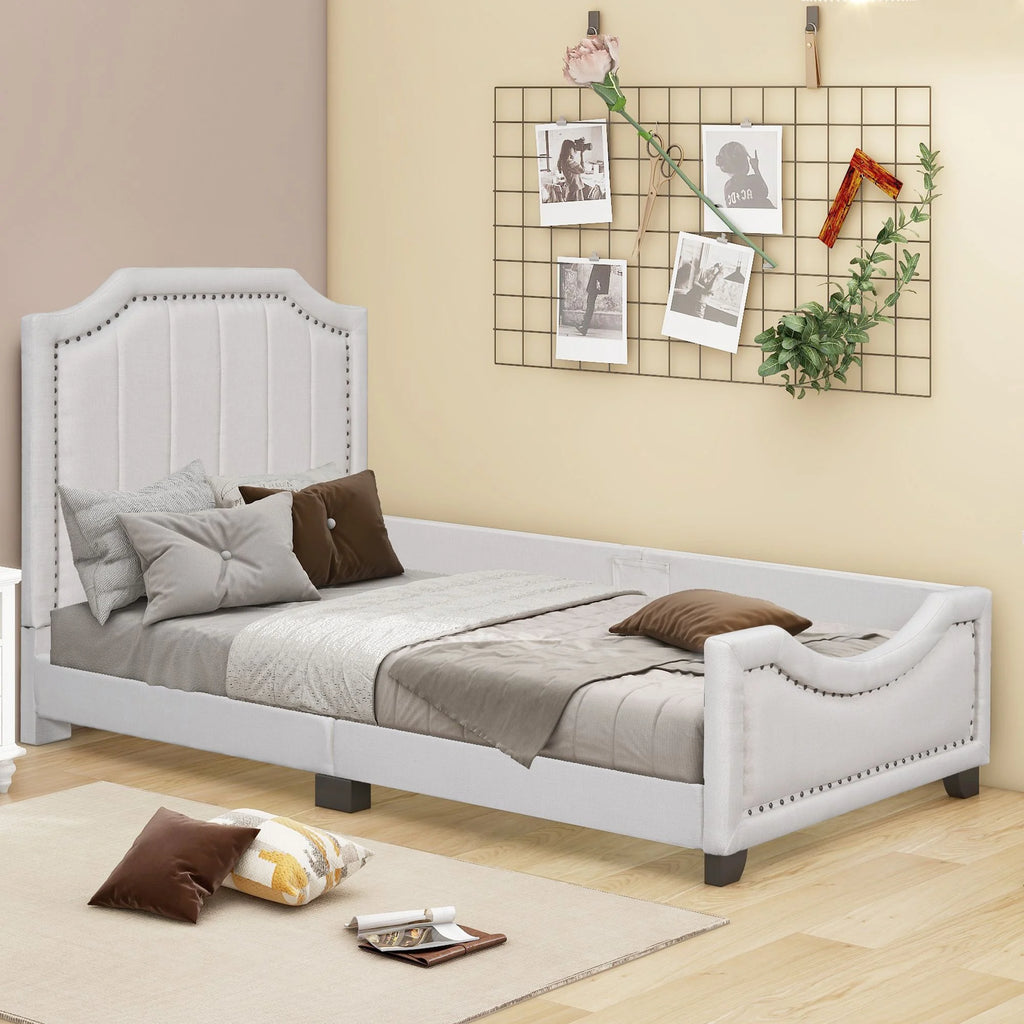 Twin Upholstered Platform Bed with Nailhead Trim and Storage M24169