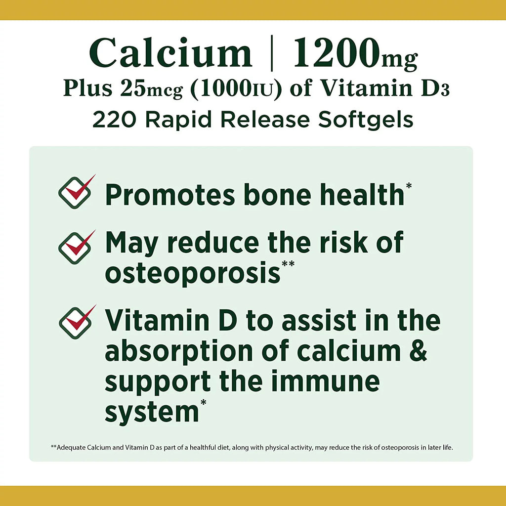 Nature's Bounty Calcium 1200mg Plus Vitamin D3 Softgels, 220 Count A81200