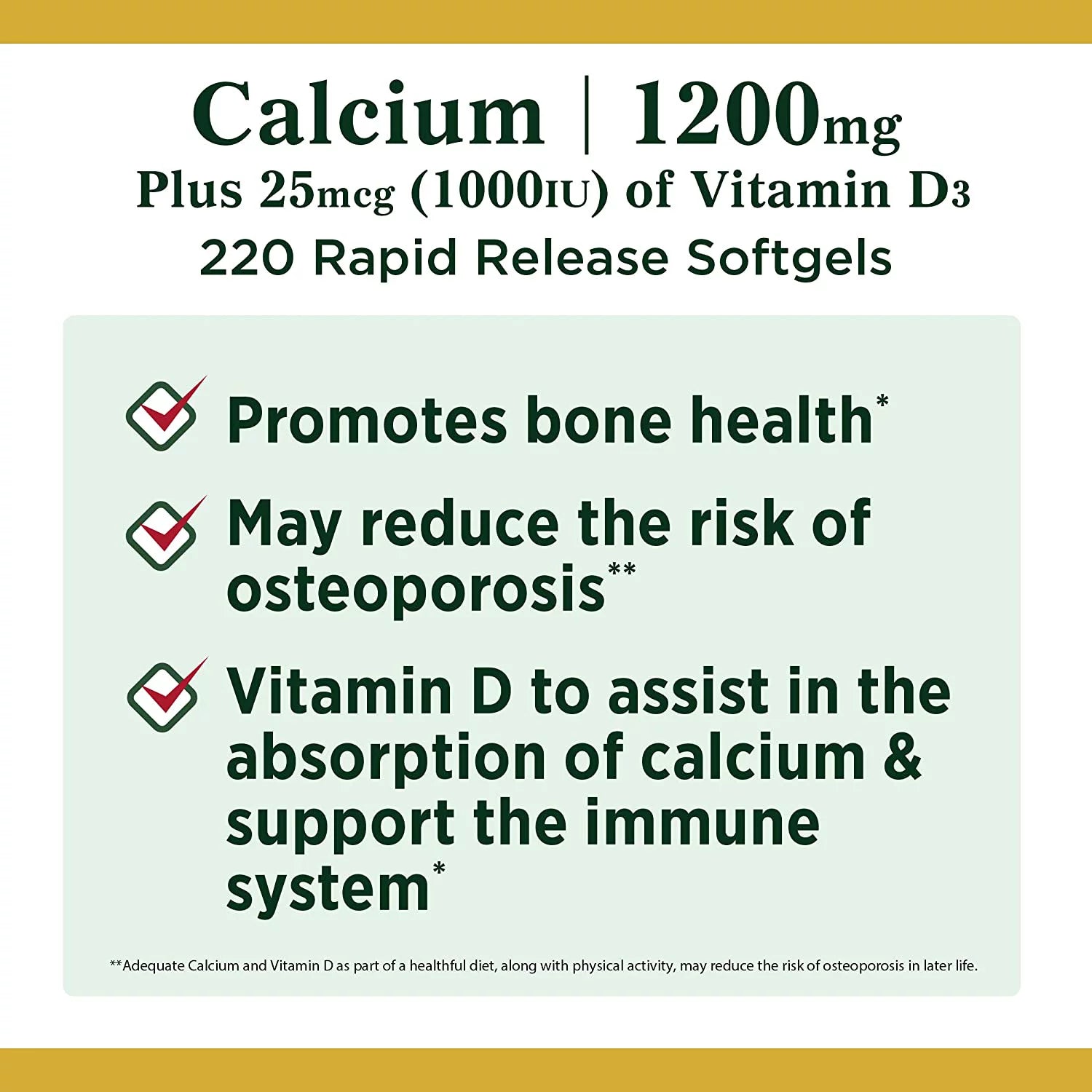 Nature's Bounty Calcium 1200mg Plus Vitamin D3 Softgels, 220 Count A81200