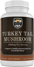 HMS Nutrition Turkey Tail Mushroom 120 Potent 1000mg Capsules Non-GMO Vegan Strong Antioxidant and Immune Support Abilities