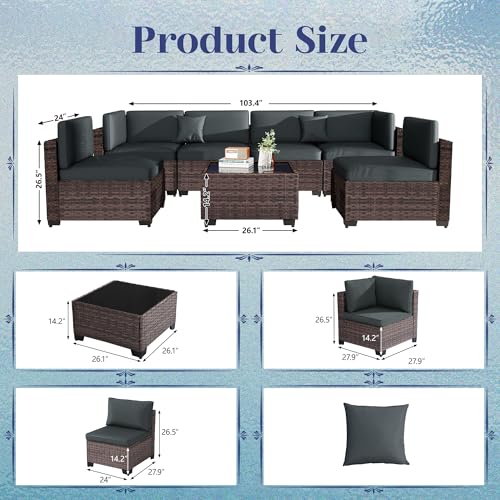 KIGOTY Patio Furniture Set 7 Pieces Outdoor Sectional Sofa with Cushions and Glass Coffee Table B60021