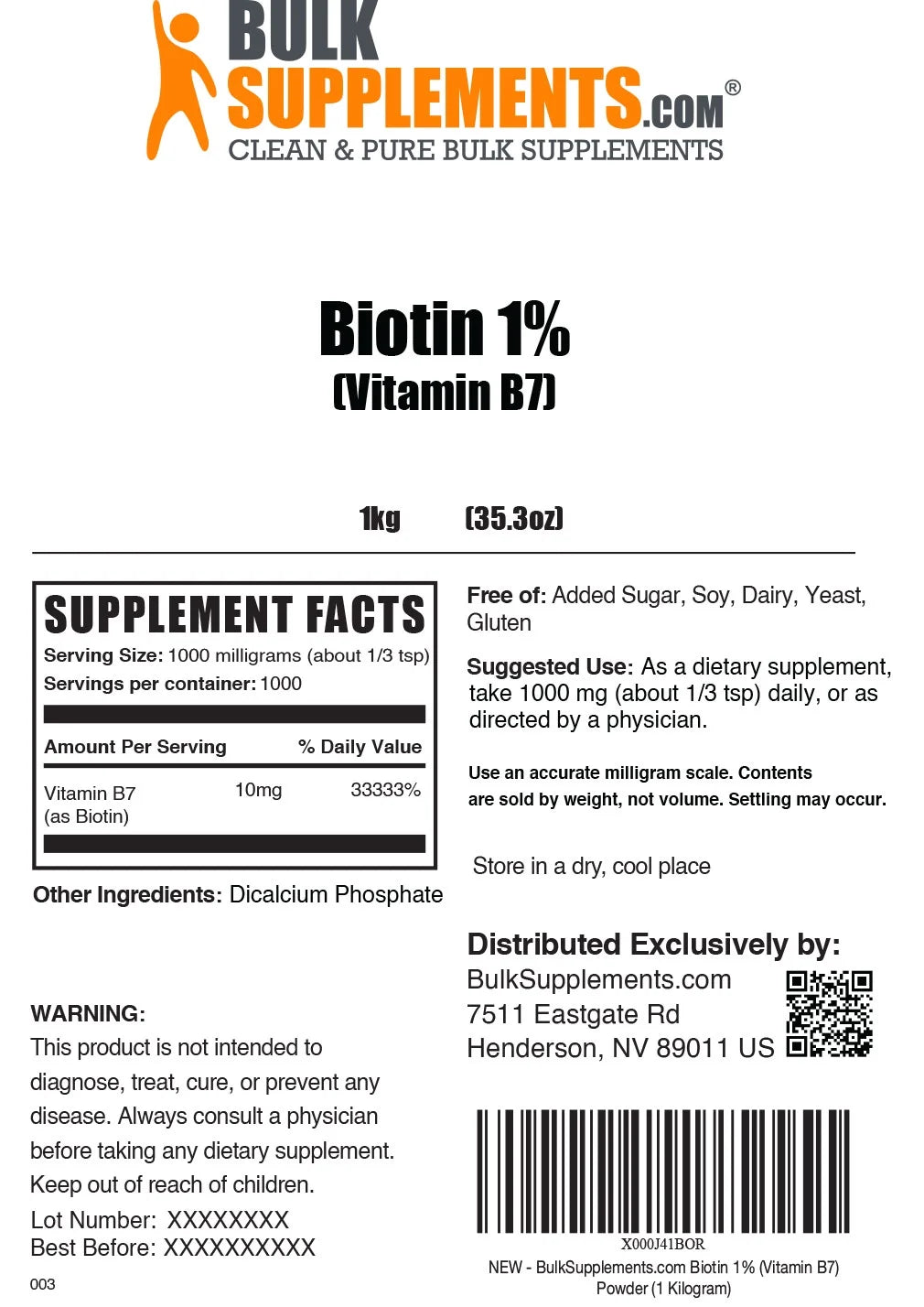 BulkSupplements.com Biotin 1% (Vitamin B7) Powder, 1 Kilogram E238833