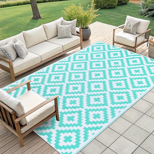 Smiry Waterproof Outdoor Rug 5x8 ft, Reversible Plastic Straw Patio Mat, Black & Beige P20186