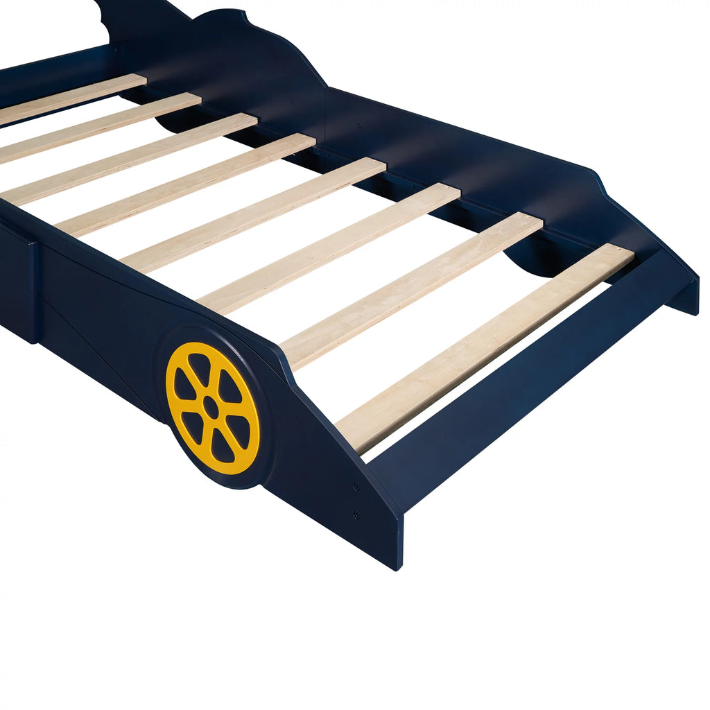 iRerts Race Car Shaped Twin Bed Frame for Kids, Wood Platform Bed with Wheels, Blue/Yellow V249491