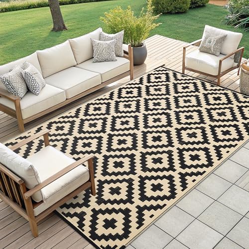 Smiry Waterproof Outdoor Rug 5x8 ft, Reversible Plastic Straw Patio Mat, Black & Beige P20186