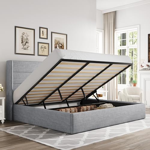 Allewie Full Size Lift Up Storage Bed with Wingback Headboard, Light Beige C85153