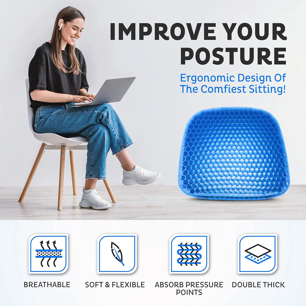 Gel Seat Cushion with Ergonomic Honeycomb Design, Large Size, Removable Washable Cover C7240