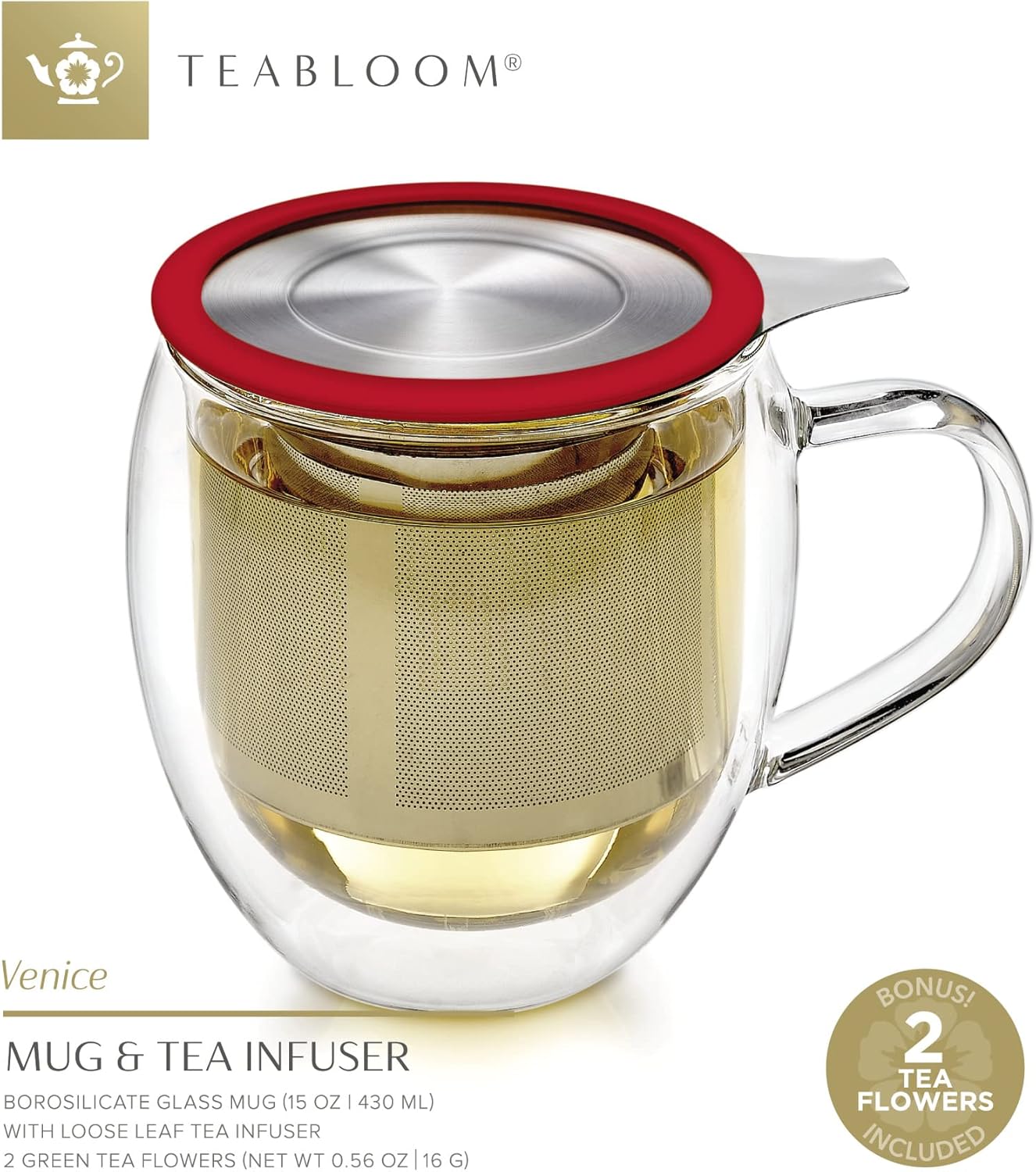Teabloom Double-Wall Glass Mug with Stainless Steel Infuser and Lid, 15 OZ Q23859