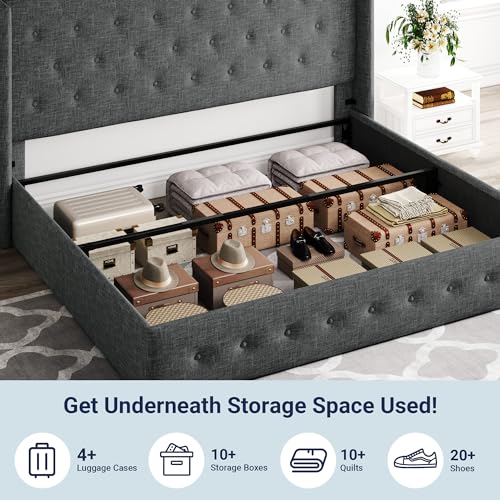Allewie Full Size Lift Up Storage Bed with Wingback Headboard, Light Beige C85153