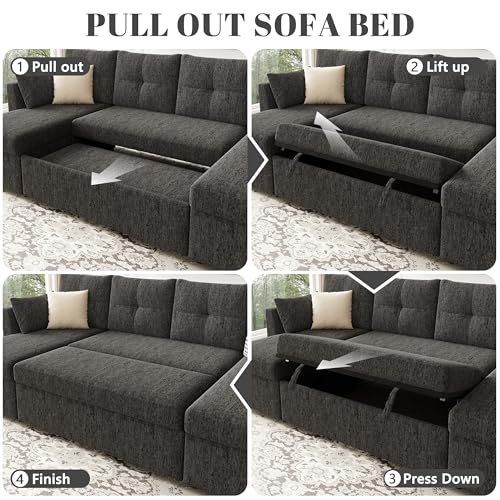 Oversized Sleeper Sofa Couch with Double Storage Chaise, Dark Grey U1381