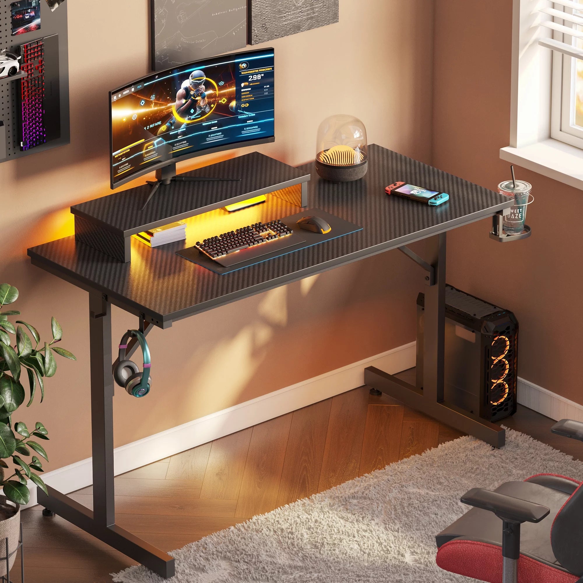 Bestier 42" Gaming Desk with LED Lights & Monitor Stand, Carbon Fiber Black B707