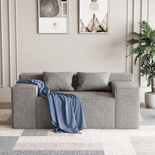 Modern Loveseat Sofa Couch in a Box with 2 Pillows, Cat-Scratch Resistant Linen, Grey F539394