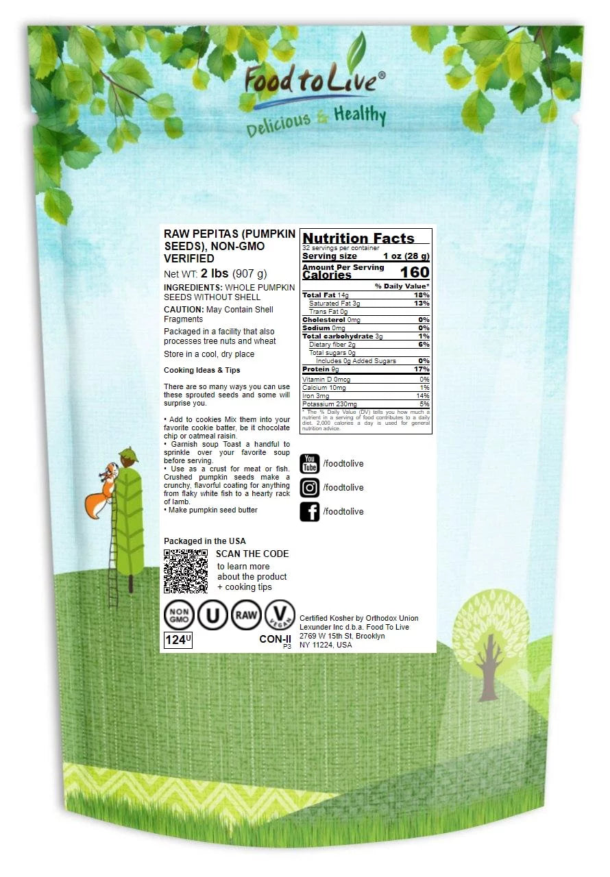 Raw Pepitas (Pumpkin Seeds), Non-GMO, 2 Pounds by Food to Live W794