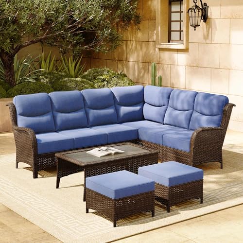 Luxury Patio Furniture Set 7PCS Wicker Conversation Set with Blue Cushions J5390