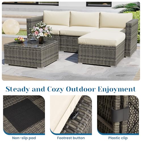 Outdoor Patio Furniture Set with Glass Tea Table, PE Rattan Wicker, Grey V687