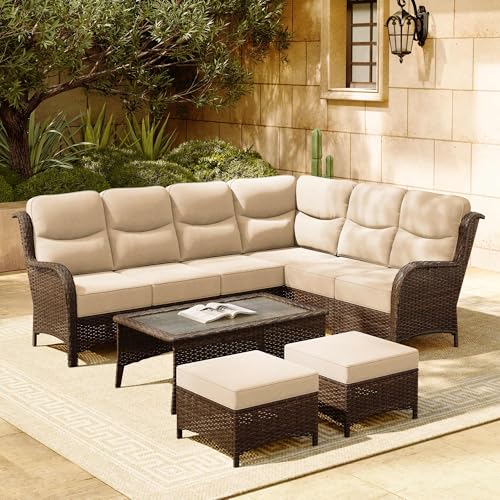 Luxury Patio Furniture Set 7PCS Wicker Conversation Set with Blue Cushions J5390