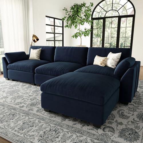 Belffin Extra Large Modular Sectional Sofa, 4-Seater L Shaped Velvet Couch, Black A1471