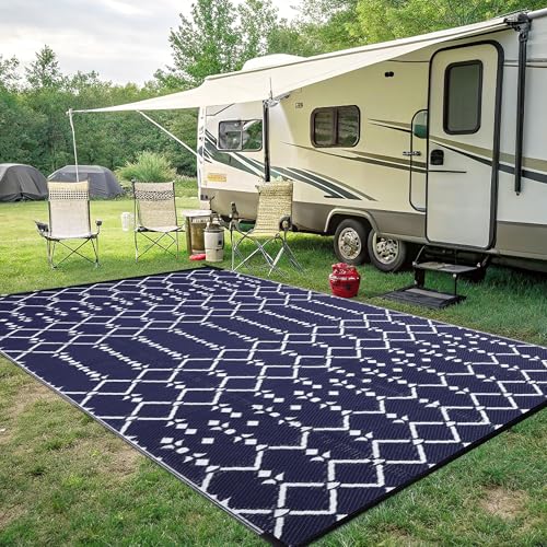 Smiry Waterproof Outdoor Rug 5x8 ft, Reversible Plastic Straw Patio Mat, Black & Beige P20186