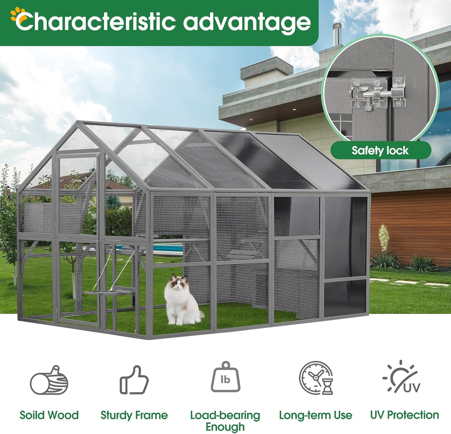 Large Cat Cage Outdoor Wooden Catio Enclosure with Weatherproof Roof T87392