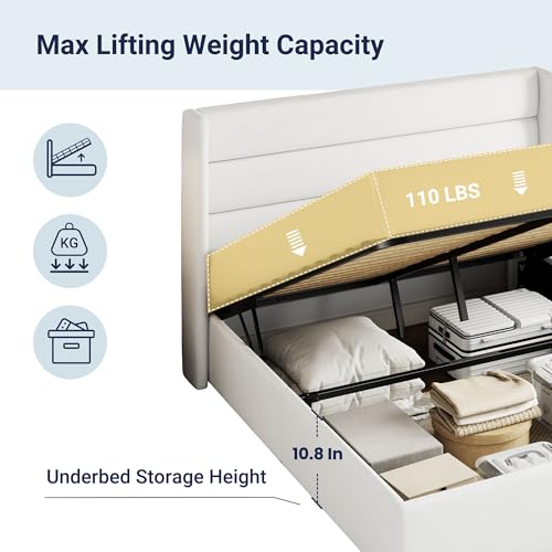 Allewie Full Size Lift Up Storage Bed with Wingback Headboard, Light Beige C85153