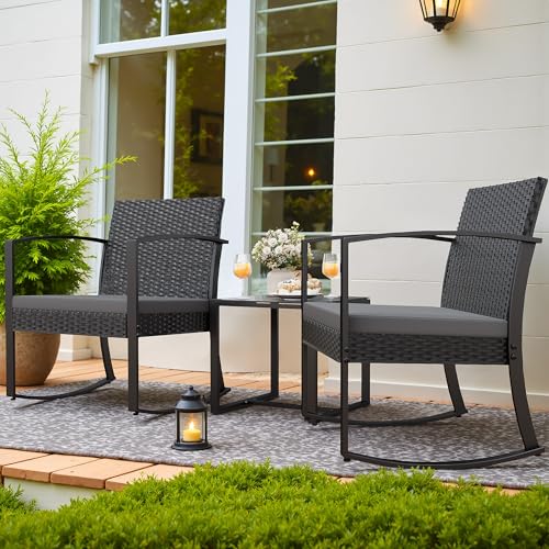 Homall 3 Piece Resin Outdoor Bistro Set with Cushions and Table, Black T139662