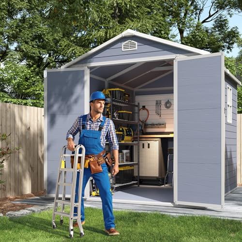 Aoxun 6 x 8 FT Outdoor Storage Shed with Window, Resin, Lockable Doors, Grey N693