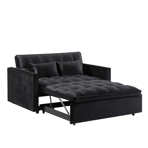 3 in 1 Convertible Sleeper Sofa Bed Futon with Adjustable Backrest, Velvet, Black Q74350