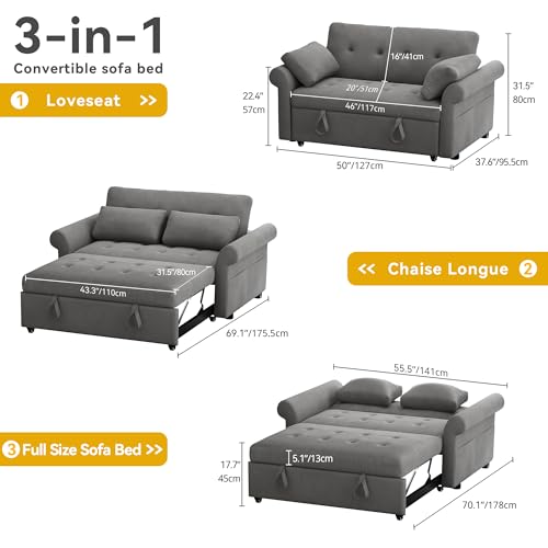 DWVO Sleeper Sofa Bed 3-in-1 Convertible Couch with Pullout Bed, 55'' Loveseat, Blue Gray D26733