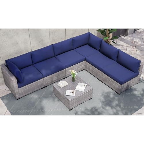 KIGOTY Patio Furniture Set 7 Pieces Outdoor Sectional Sofa with Cushions and Glass Coffee Table B60021