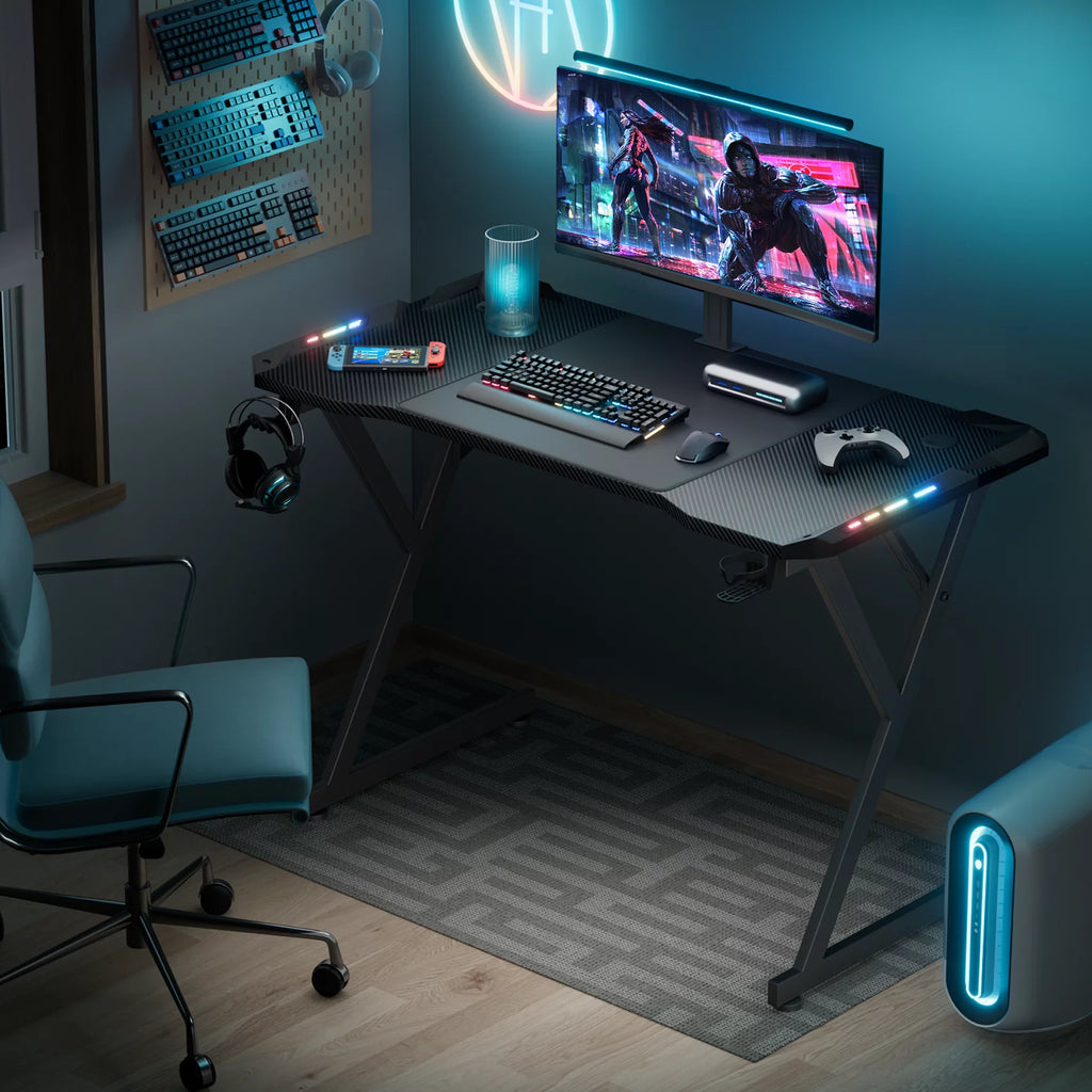 HLDIRECT 55 Inch Gaming Desk with LED Lights, Carbon Fibre Surface, Black A69190