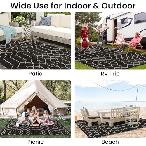 Smiry Waterproof Outdoor Rug 5x8 ft, Reversible Plastic Straw Patio Mat, Black & Beige P20186