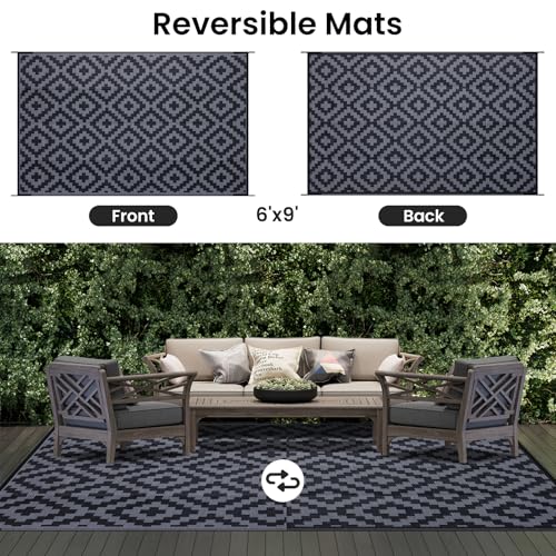 Smiry Waterproof Outdoor Rug 5x8 ft, Reversible Plastic Straw Patio Mat, Black & Beige P20186
