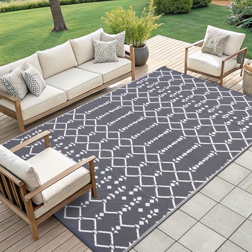 Smiry Waterproof Outdoor Rug 5x8 ft, Reversible Plastic Straw Patio Mat, Black & Beige P20186