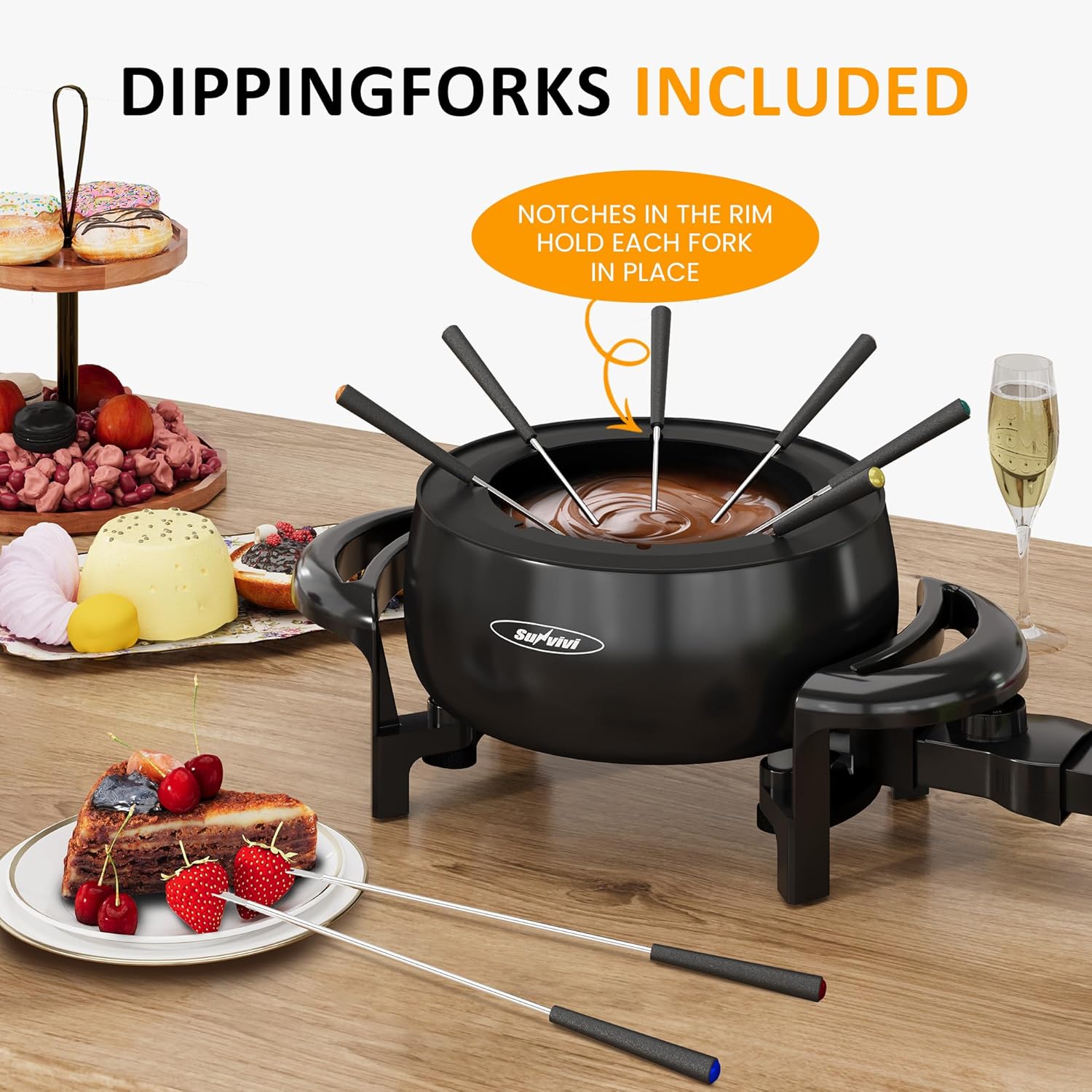 Sunvivi Electric Fondue Pot Set 3 Quart with Adjustable Temperature Control and 8 Forks M923702