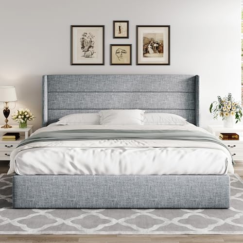 Allewie Full Size Lift Up Storage Bed with Wingback Headboard, Light Beige C85153