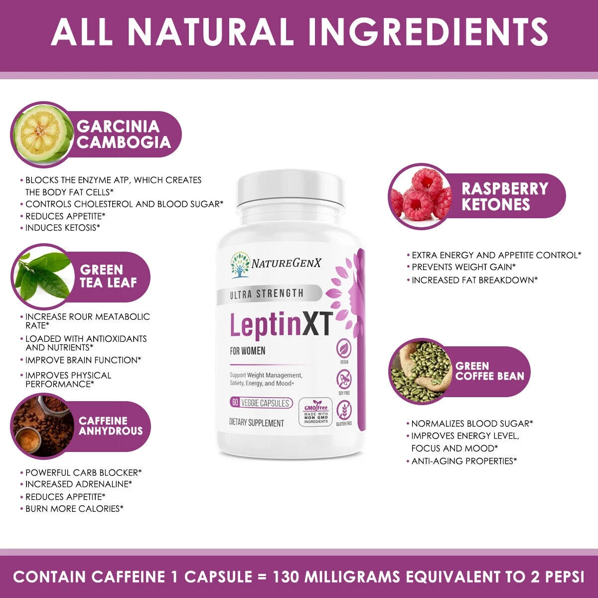 LEPTIN XT 650 MG Diet Pills for Women, 60 Capsules Q534249